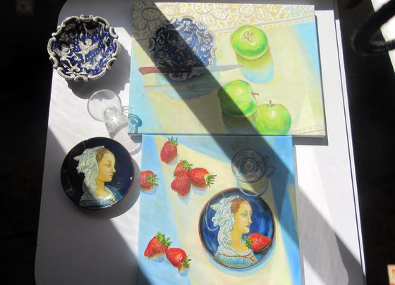 Still life with a plate, stawberries and a glass Romantic Impressionism (2020) 12x12 in. (30x30 cm)