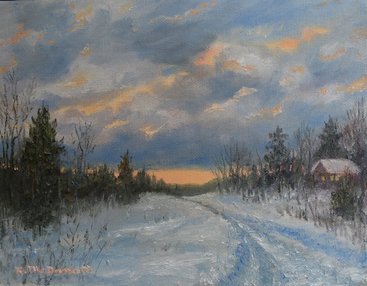 Impressionistic Landscape Oil Painting By Kathleen Mcdermott, 9 X 7", More Snow Tonight, Original Artwork
