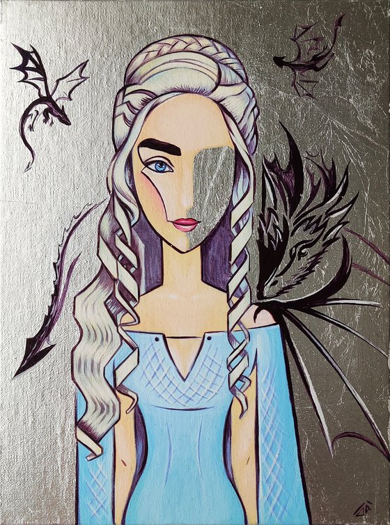 Daenerys Targaryen, acrylic painting, silver leaf
