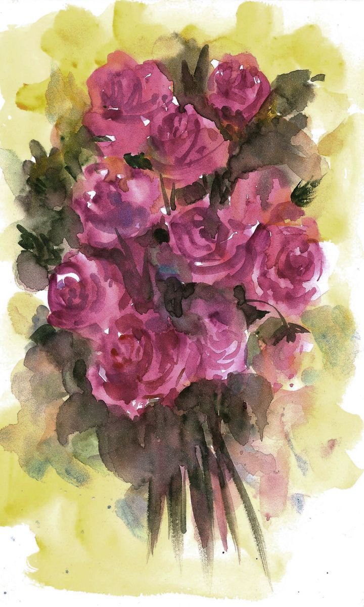 Magenta roses Watercolor painting on paper - 6.25x 10.25 by Asha Shenoy