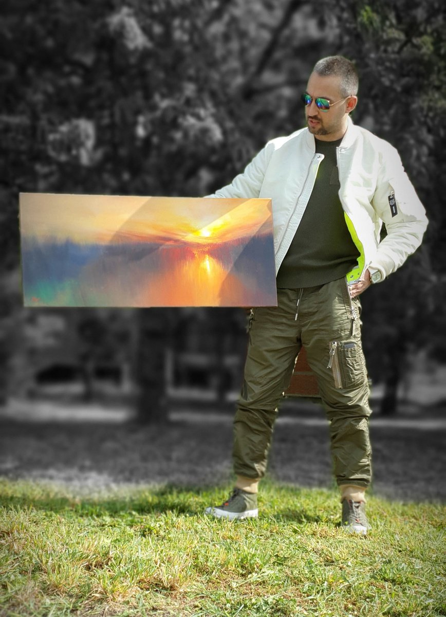 Abstract Landscape Oil Painting By Ivan Grozdanovski, 35 X 16, One Dream, One Golden Glance, Original Artwork