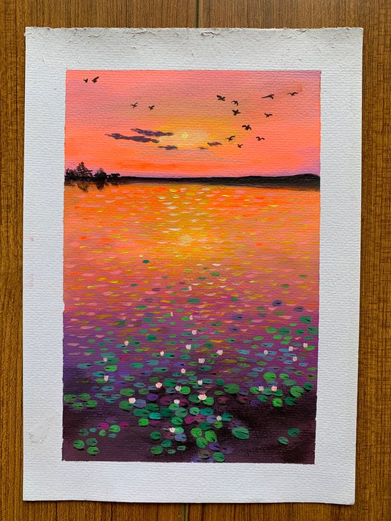 Water lily pond at sunset - 2 ! A4 size Painting on paper