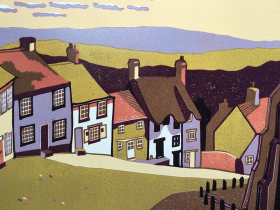 Gold Hill, signed original linocut print, Limited Edition