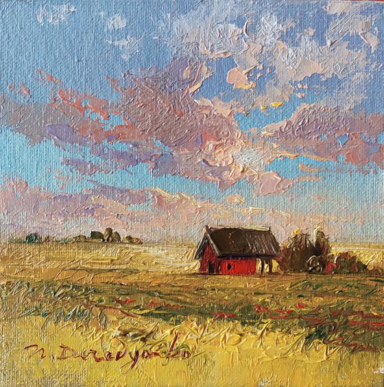 Sunset sky oil painting original 4x4, Barn painting landscape miniature framed - Everything looks cute when it's small