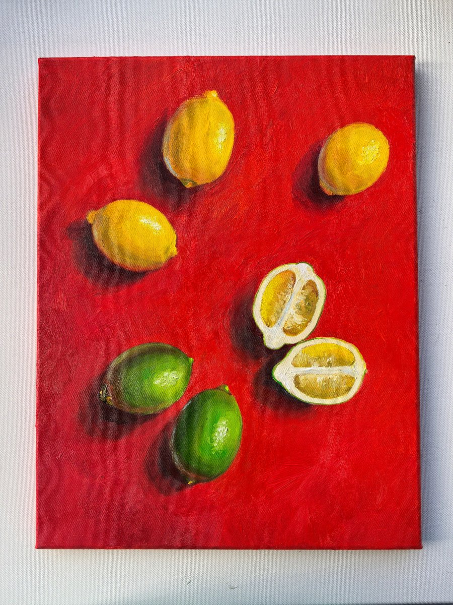 Impressionistic Still Life Oil Painting By Leyla Demir, 16 X 20", Lemon On Red Background, Original Artwork