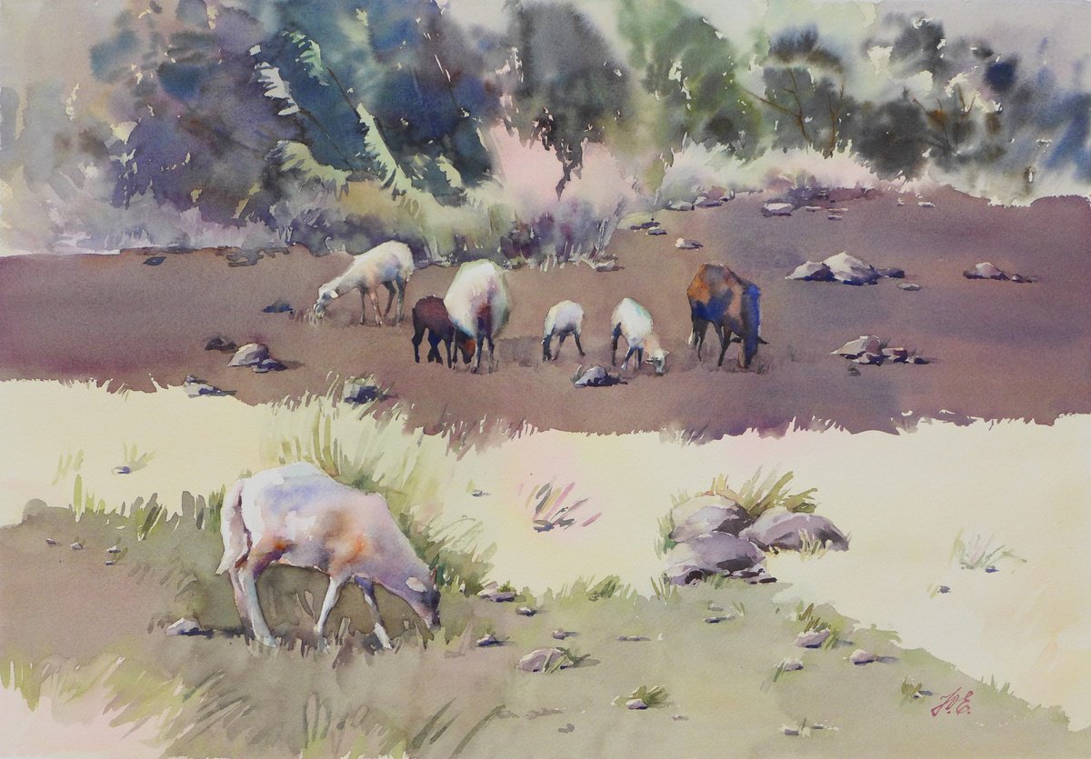 Cretan sheep Watercolor Greece landscape with grazing animals by Yulia Evsyukova