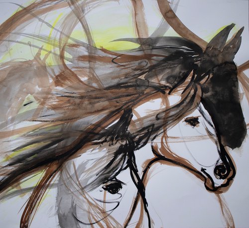 Horses in profile movement, dynamic horse sketch by René Goorman