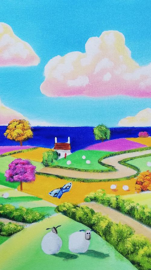 Cow & sheep Folk art patchwork fields by Gordon Bruce