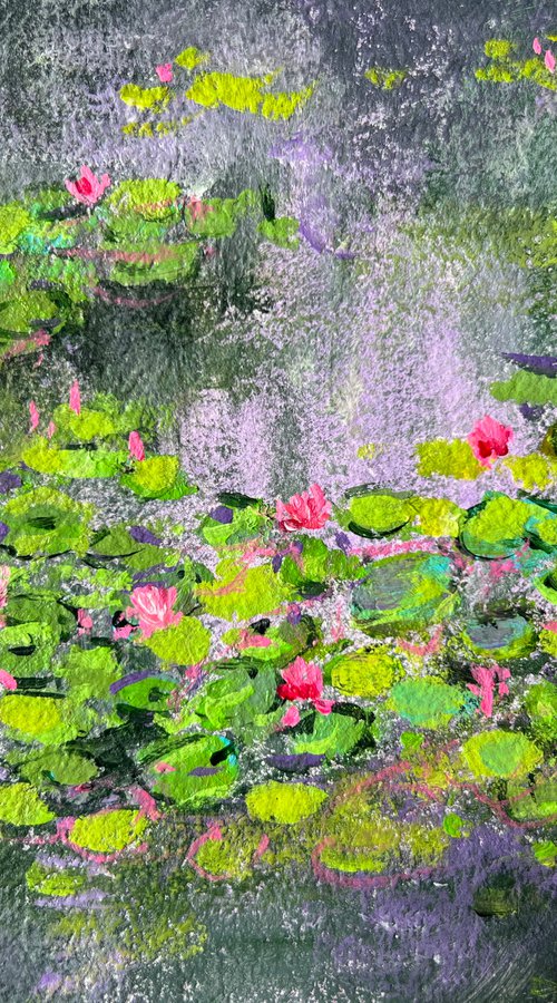 Water lily pond on handmade paper by Amita Dand