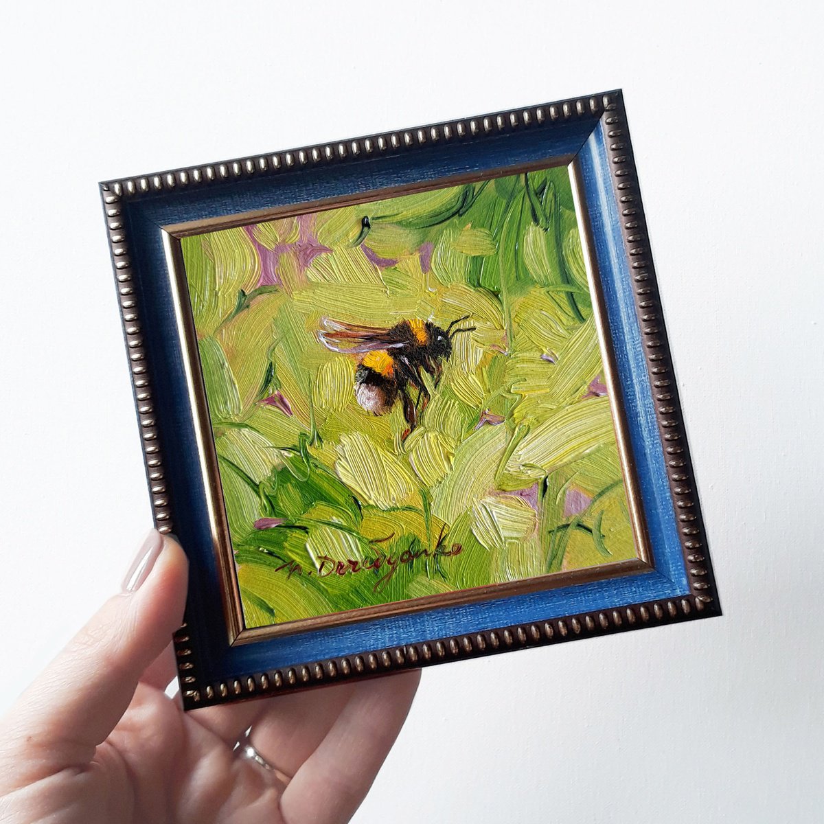 Bumblebee oil painting original small framed, Bee art small painting framed picture by Nataly Derevyanko