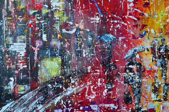 Rainy City - Ready to Hang, Palette knife Modern City Urban art