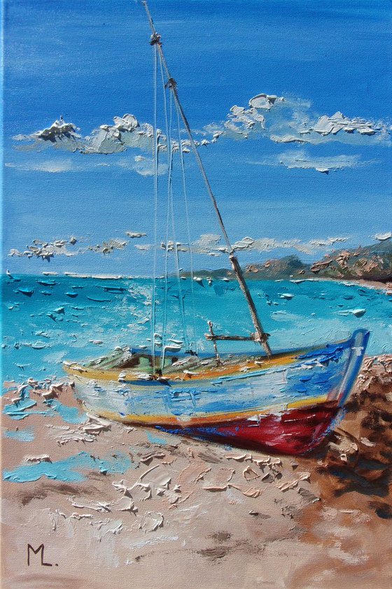 " SEASHORE ... " SHIP BOAT SAIL original painting palette knife GIFT MODERN URBAN ART OFFICE ART DECOR HOME DECOR GIFT IDEA