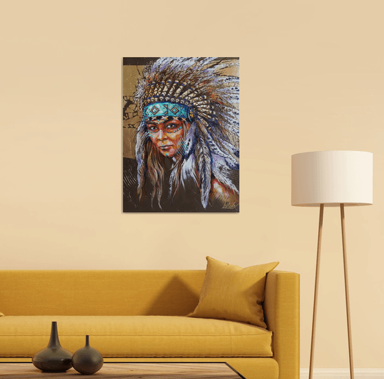 Portrait native american woman - portrait abstract girl, headdress feathers birds