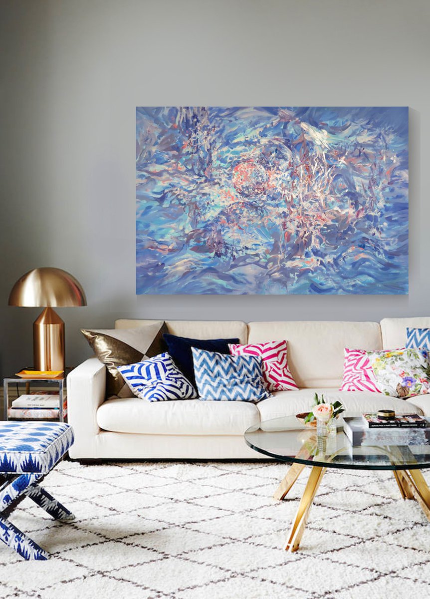 Blue Large acrylic and pearl painting n 100x145 cm unstretched canvas The sea i012 art... by Airinlea