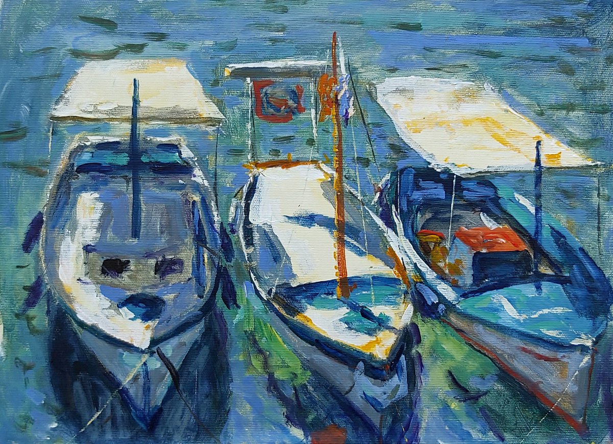 Aegean boats by Dimitris Voyiazoglou