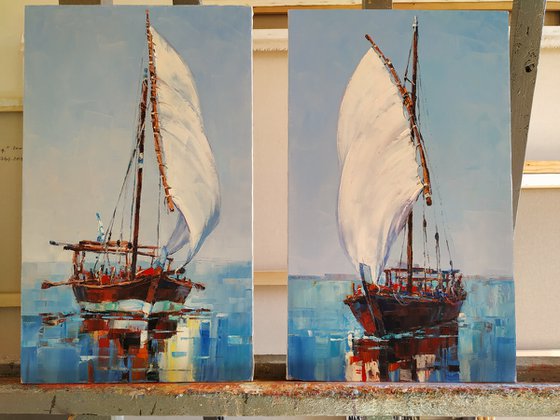 Boats (30x50 30x50(50x60cm) diptych, oil painting, ready to hang)