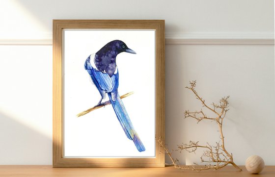 Watercolour bird magpie sitting on a branch in the rays of the sun 2