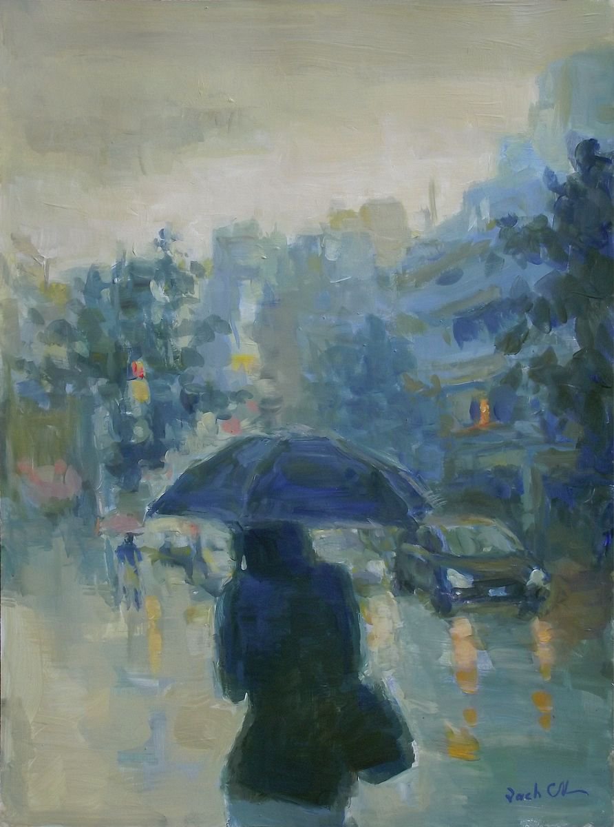 Impressionistic Cityscapes Drawing By Vachagan Manukyan, 11 X 15", Street, Lady With Umbrella, Original Artwork