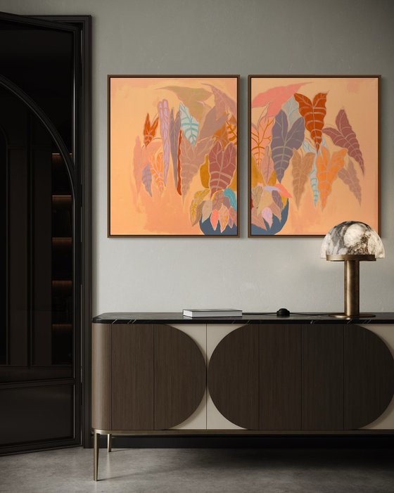 ‘Burnt Coral Alocasia and Begonia’ diptych