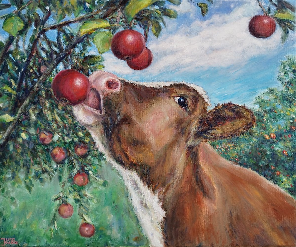 Photorealistic Oil Painting , Cow In Orchard By Jura Kuba Art, 24 X 20, Artwork For Sale On Artfinder