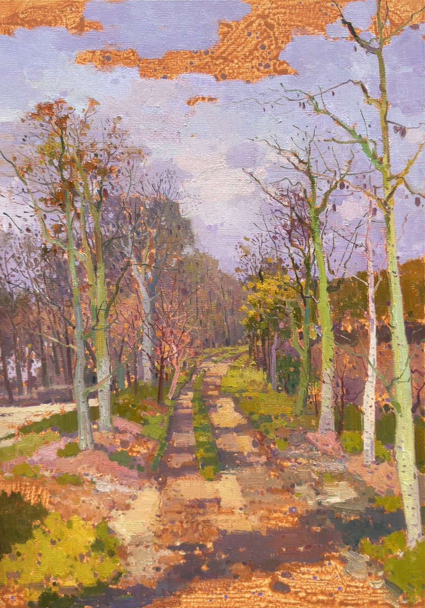 Impressionistic Landscape Acrylic Painting By Jianzhe Chon, 28 X 39, Birch Trees Forrest 237, Original Artwork