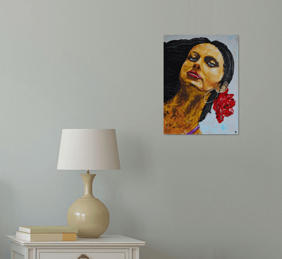 Women With Red Flower - Original Modern Portrait Art Painting on Canvas Ready To Hang