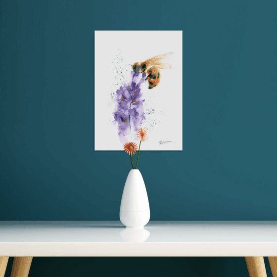 Bee on Lavender  - Original Watercolor Painting