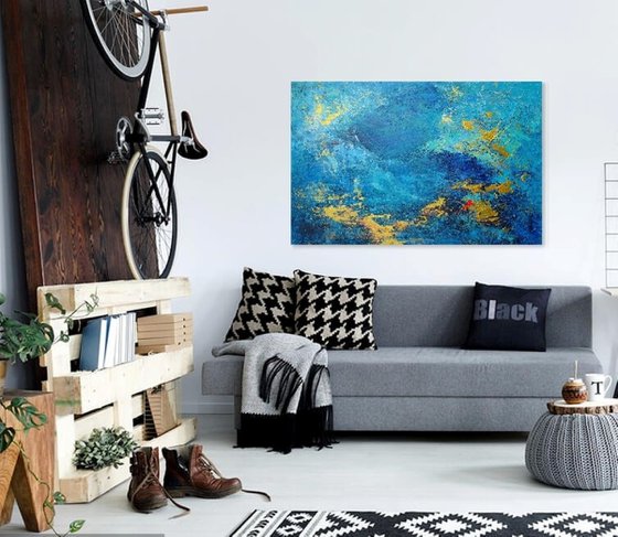 Large Abstract Painting. Blue, Turquoise, Gold Contemporary Abstract Seascape Painting # 810-29. Modern Textured Art