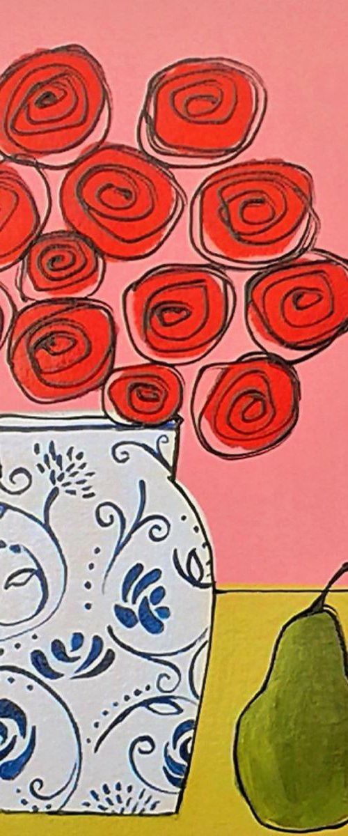 Red Roses in a Chinese Vase by Jan Rippingham