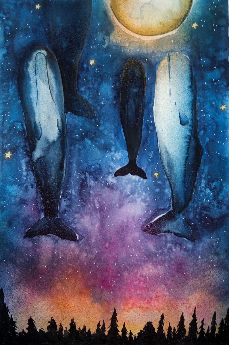 Surrealistic Animal Painting By Evgenia Smirnova, 15 X 22, Moonlit Giants, Original Artwork