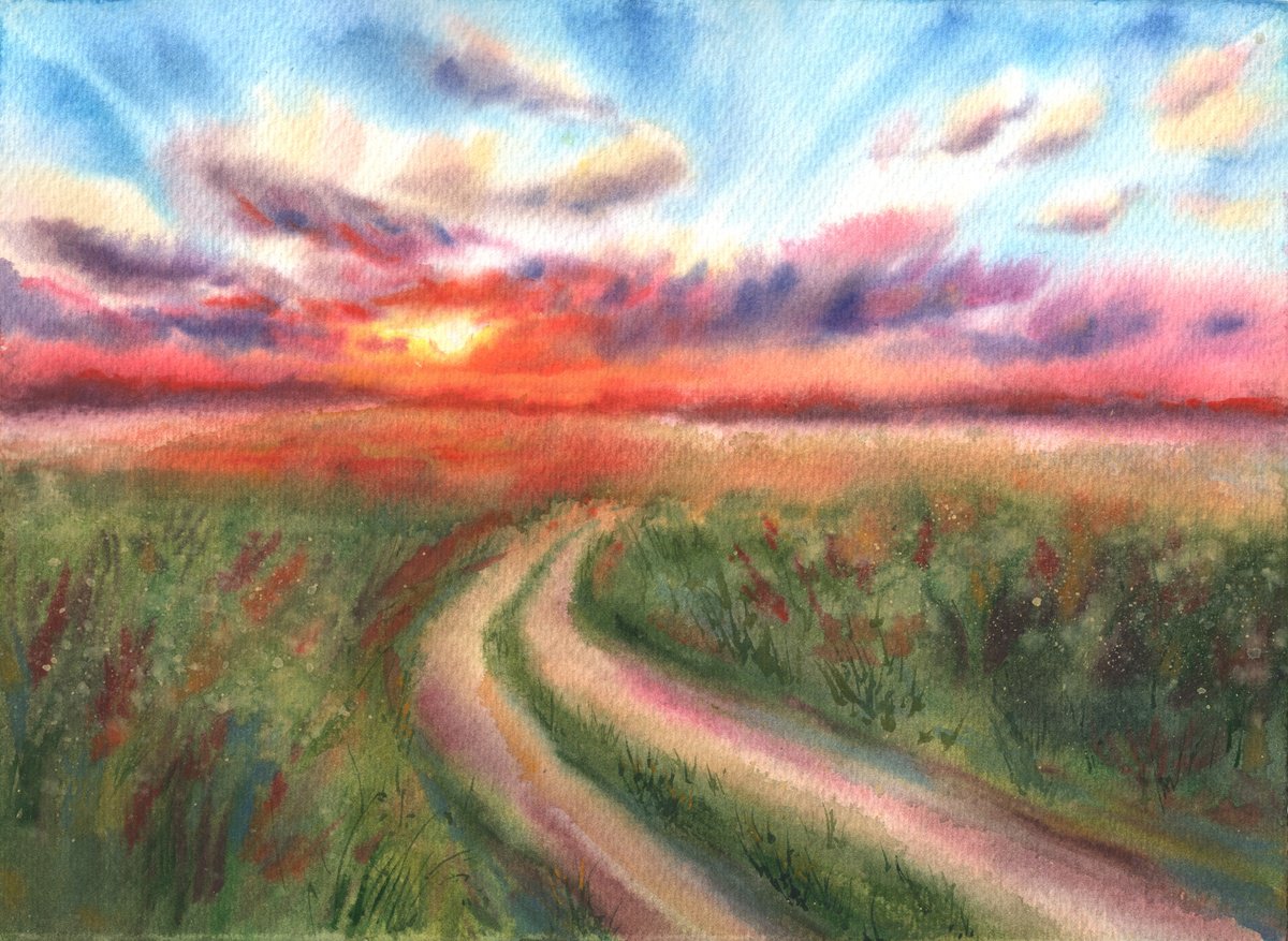 Impressionistic Watercolour , Sunset Path By Maryna Boiko, 15 X 11, Artwork For Sale On Artfinder
