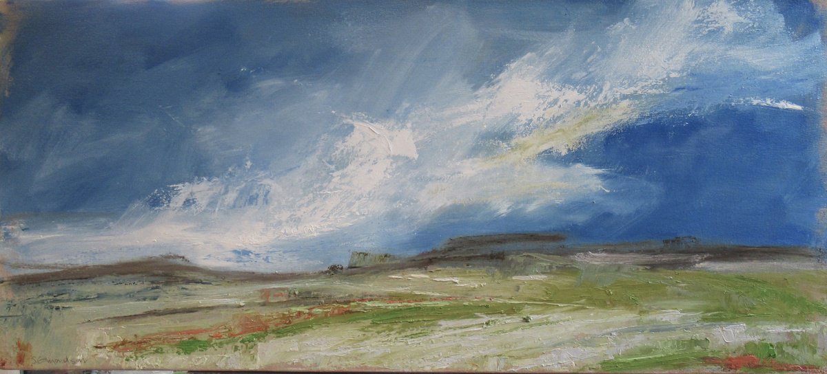 Expressive Landscape Oil Painting By Sherry Edmondson, 35 X 16", Walking Across The Common, Original Artwork