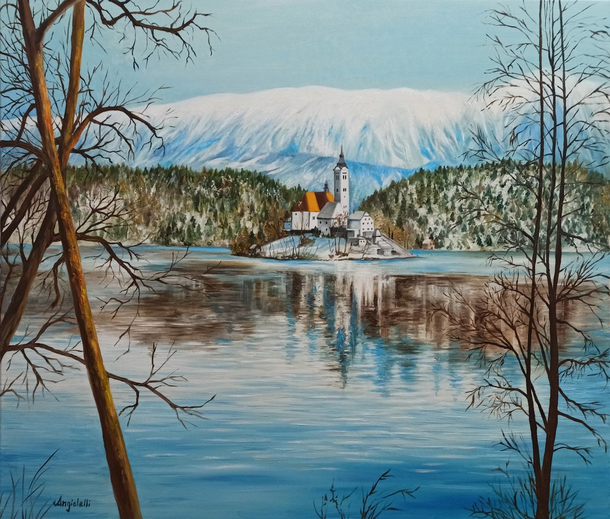 Photorealistic Landscape Oil Painting By Anna Rita Angiolelli, 28 X 24, Landscape With Lake, Original Artwork