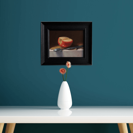 Apple Half, with Silver Knife; Framed & ready to hang home decor gift oil painting.