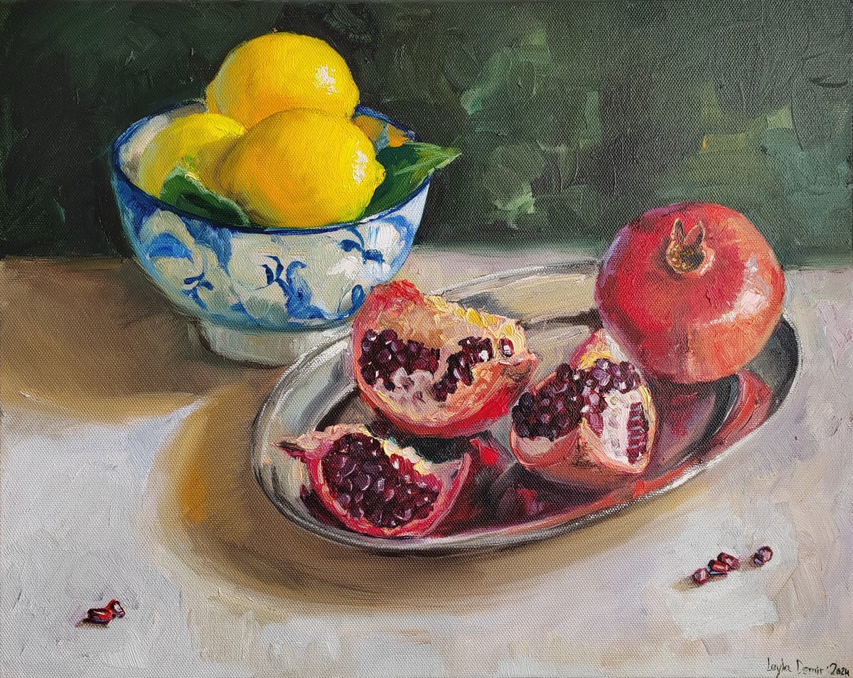 Impressionistic Still Life Oil Painting By Leyla Demir, 20 X 16", Pomegranate Lemon Fruit, Original Artwork
