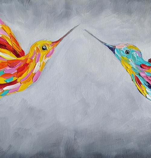 Towards each other - birds, love oil painting, birds oil painting, hummingbirds, love, animals oil painting, art bird, impressionism, palette knife, gift. by Anastasia Kozorez