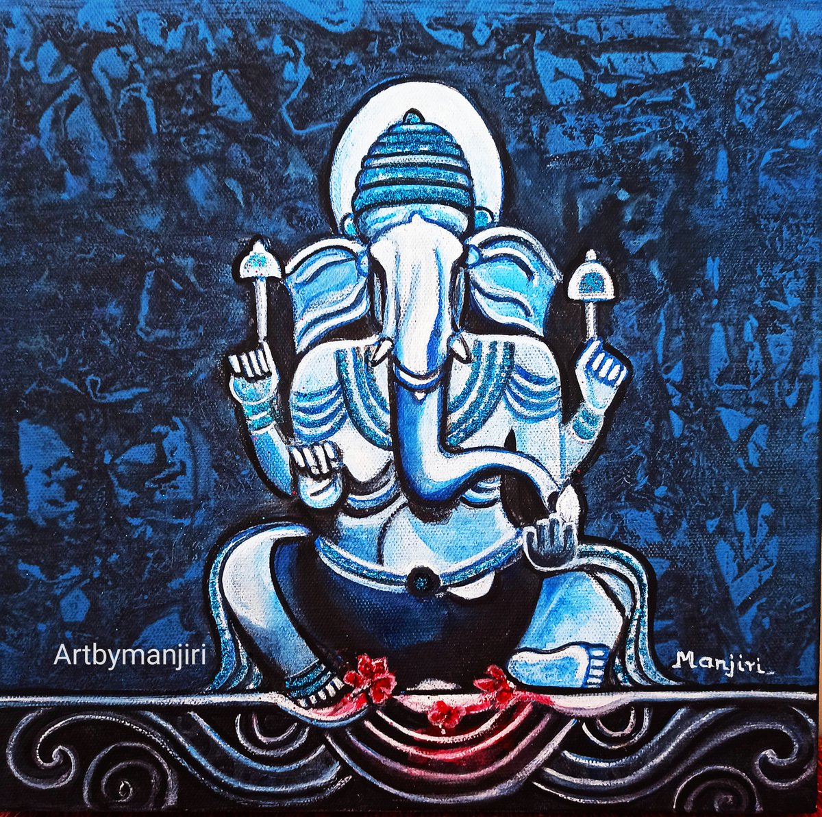 Vignaharta Ganesha blue Hindu God textured gift art on canvas by Manjiri Kanvinde