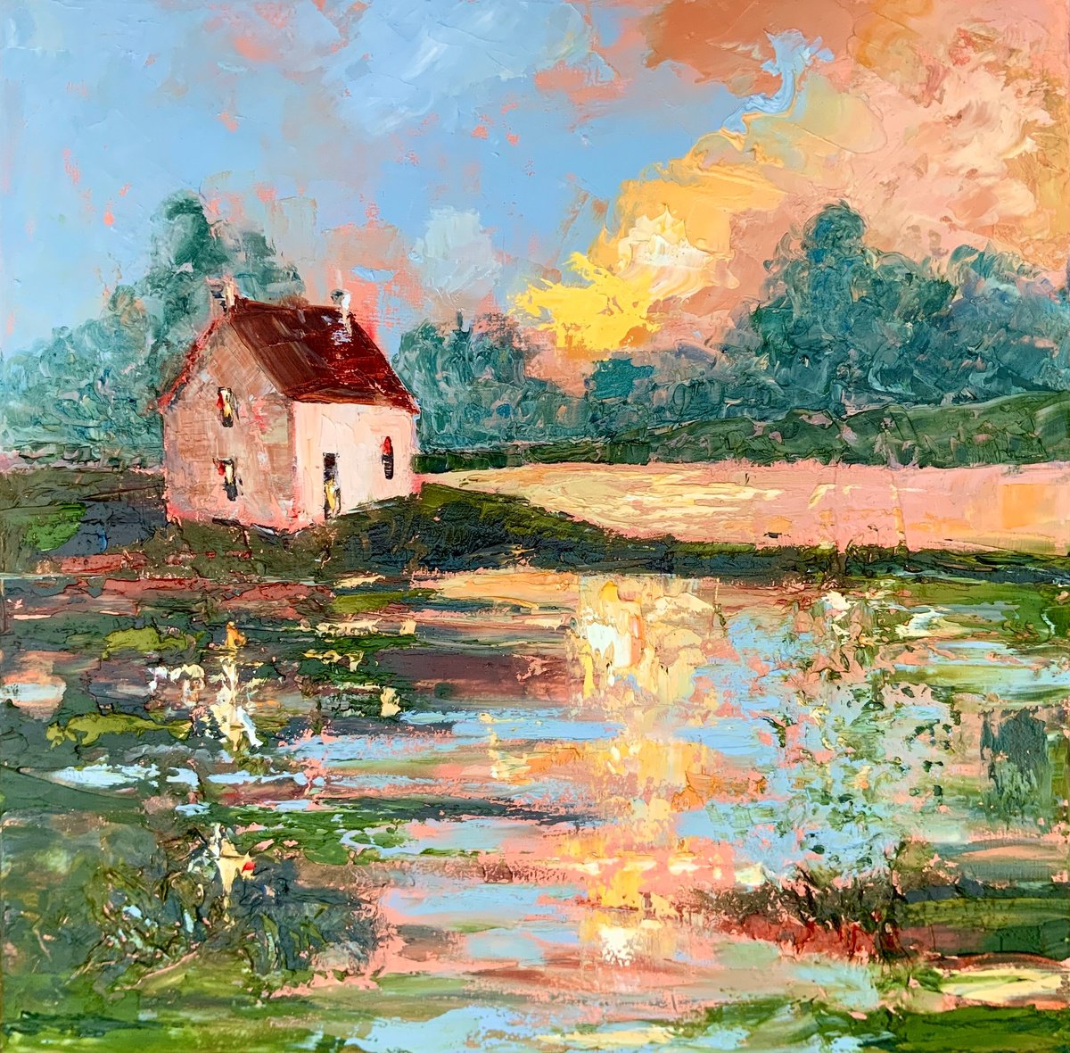 Impressionistic Landscape Oil Painting By Alexandra Jagoda (Ovcharenko), 24 X 24, Sunset Cottage On Walden Pond, Artfinder