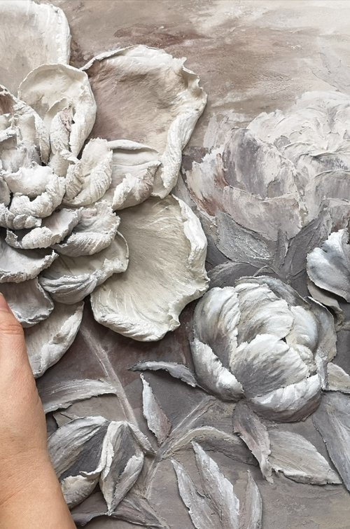 Peonies sculptural painting-neutral color relief landscape with silver light on a horizontal painting 60x40x4 cm by Irina Stepanova