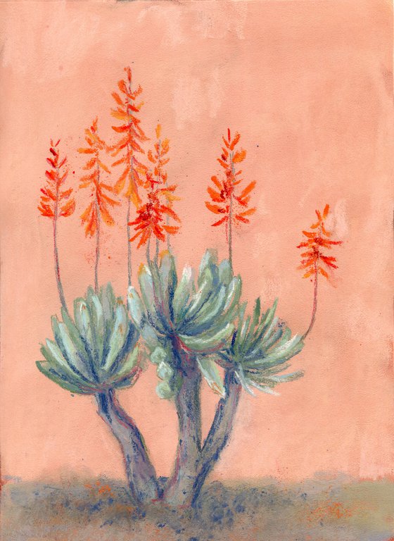 Pastel drawing of exotic plant against peachy wall