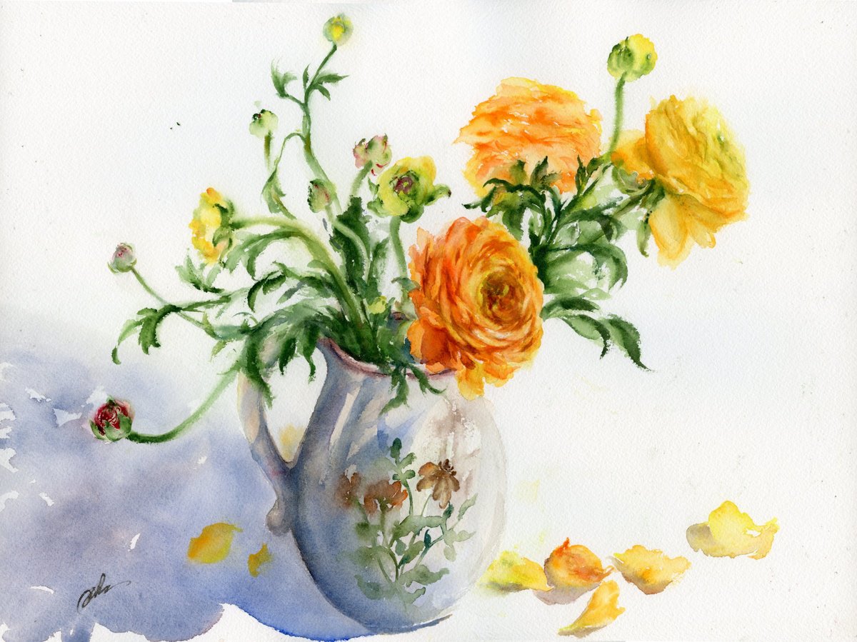 Impressionistic Still Life Watercolour By Cecilia Xiao, 16 X 12, Ranunculus, Original Artwork