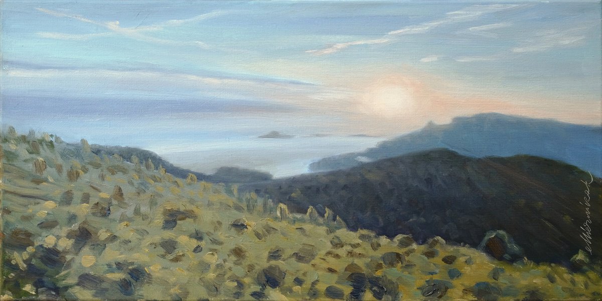 Impressionistic Landscape Oil Painting By Richard Mierniczak, 24 X 12", Sunset Over The Calanques, Original Artwork