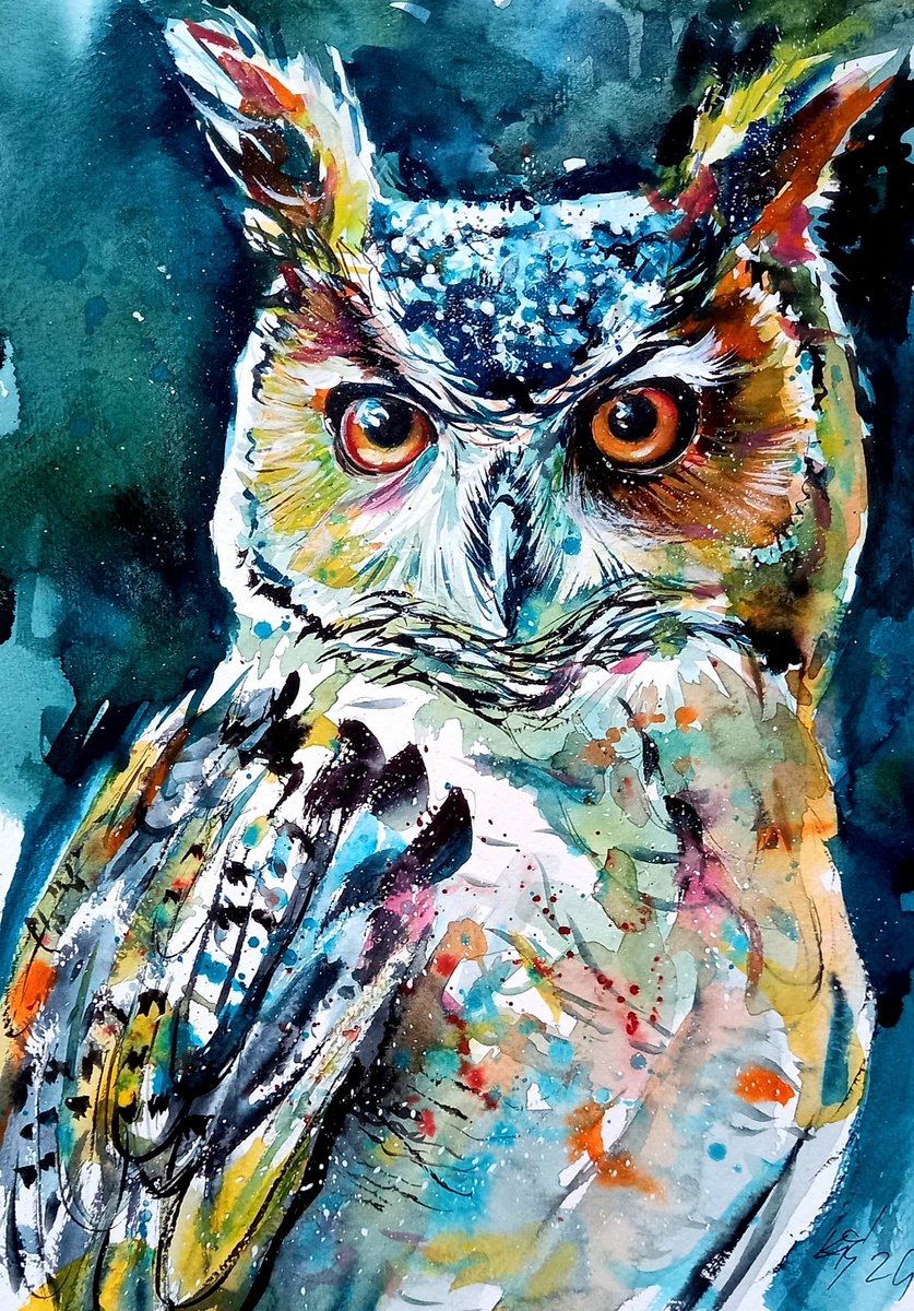 Impressionistic Animal Watercolour By Kovacs Anna Brigitta, 10 X 15", Owl Portrait, Original Artwork