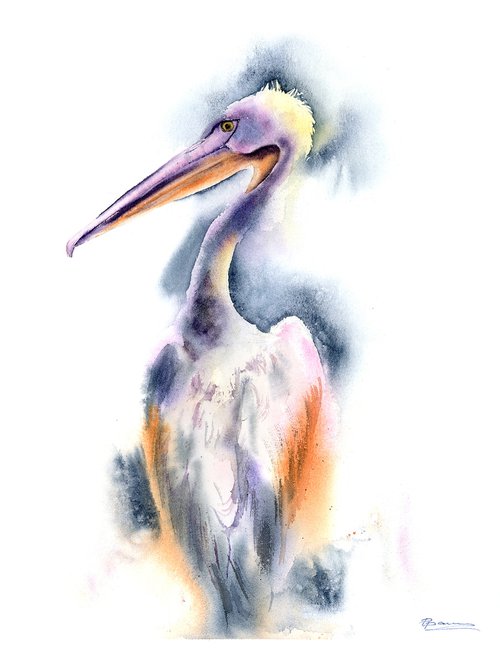 Pink Pelican ( 1 of 2) -  Original Watercolor Painting by Olga Shefranov (Tchefranov)