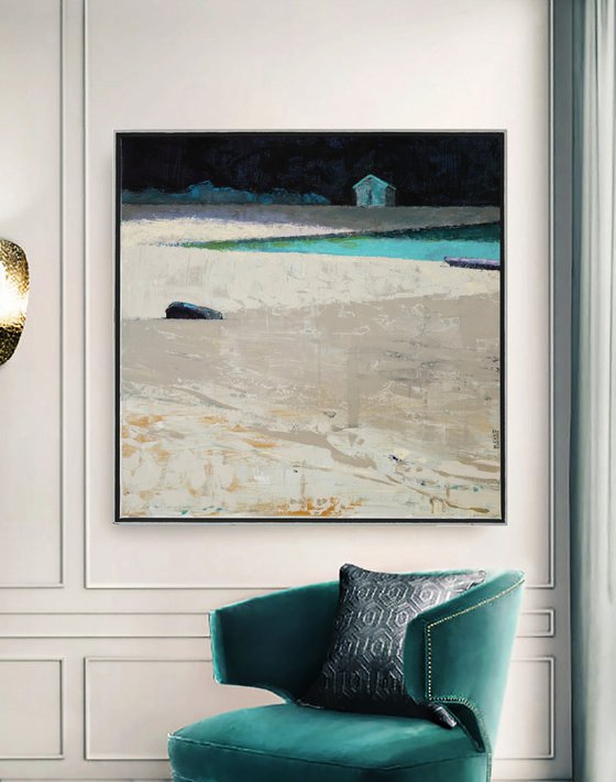 Night Ocean and White Sand 30x30" 76x76cm Contemporary Art by Bo Kravchenko