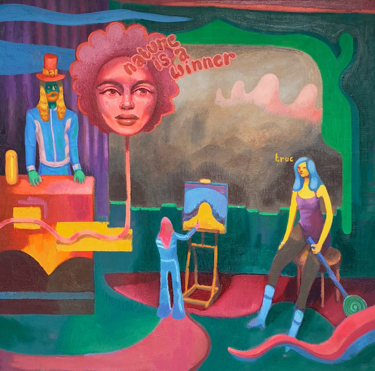 Surrealistic Portrait Oil Painting By Taco Eisma, 31 X 31", Nature Is A Winner, Original Artwork