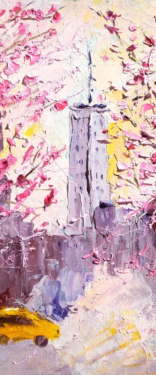 New York Painting Cityscape Original Art Yellow Taxi Oil Impasto Artwork Flowering Sakura Small Home Wall Art by Halyna Kirichenko