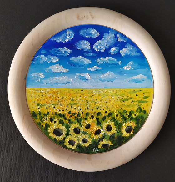 Peace, original impressionistic landscape sky field with sunflowers, oil on wooden plate