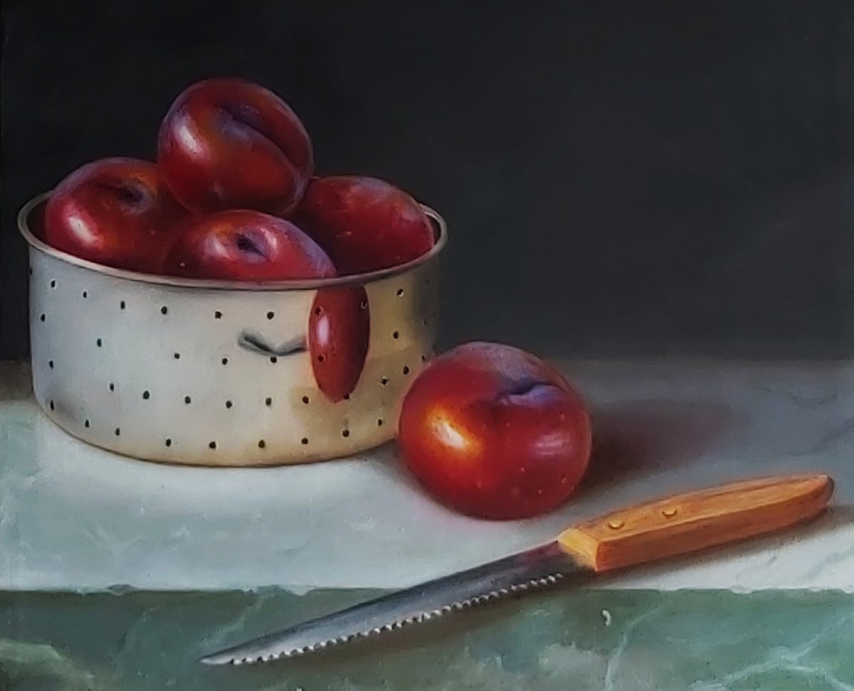 Photorealistic Still Life Oil Painting By Priyanka Singh, 12 X 10", Juicy Plums, Original Artwork