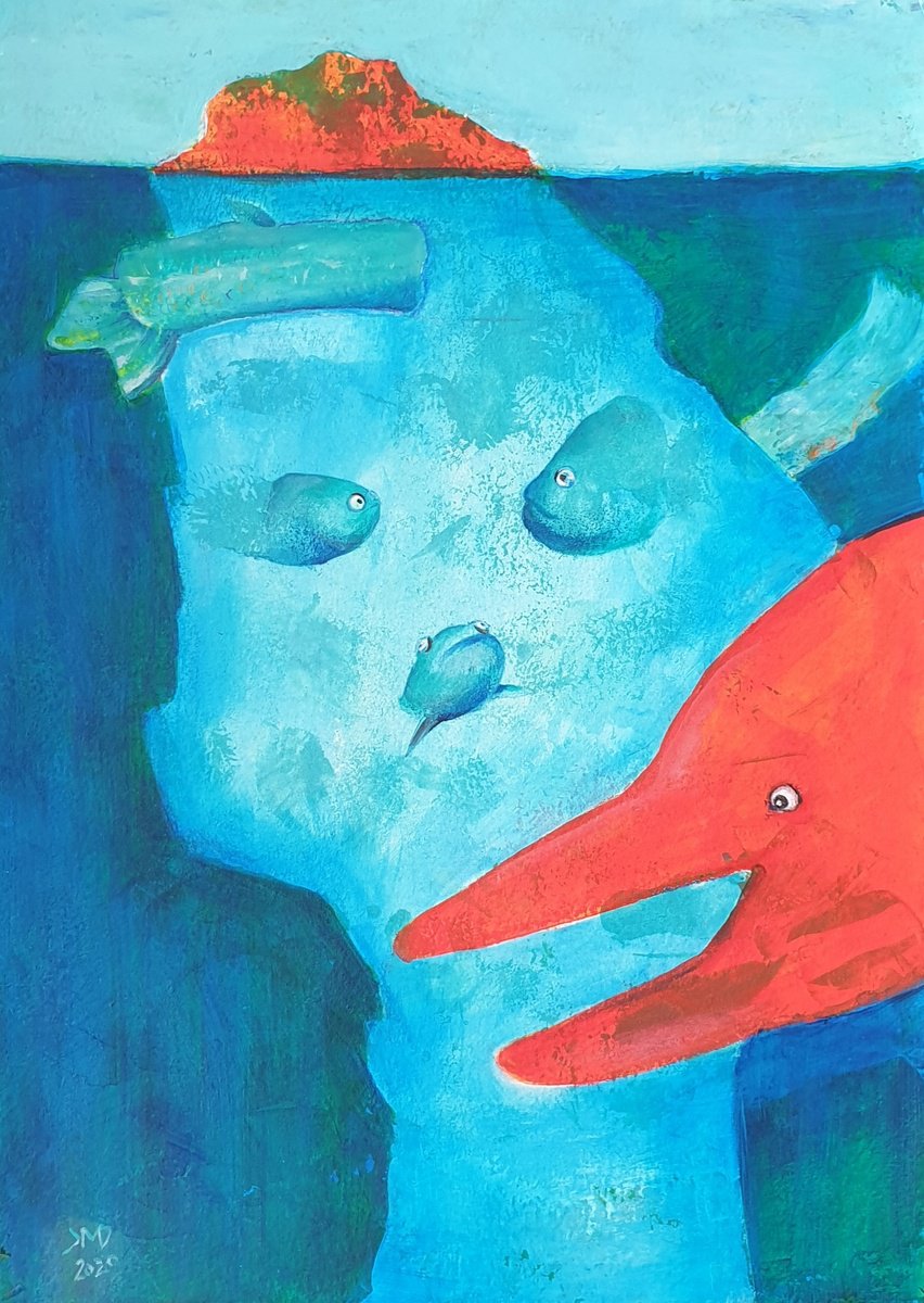 Expressive Animal Acrylic Painting By Ksenia June, 8 X 12", Red Dolphin, Original Artwork